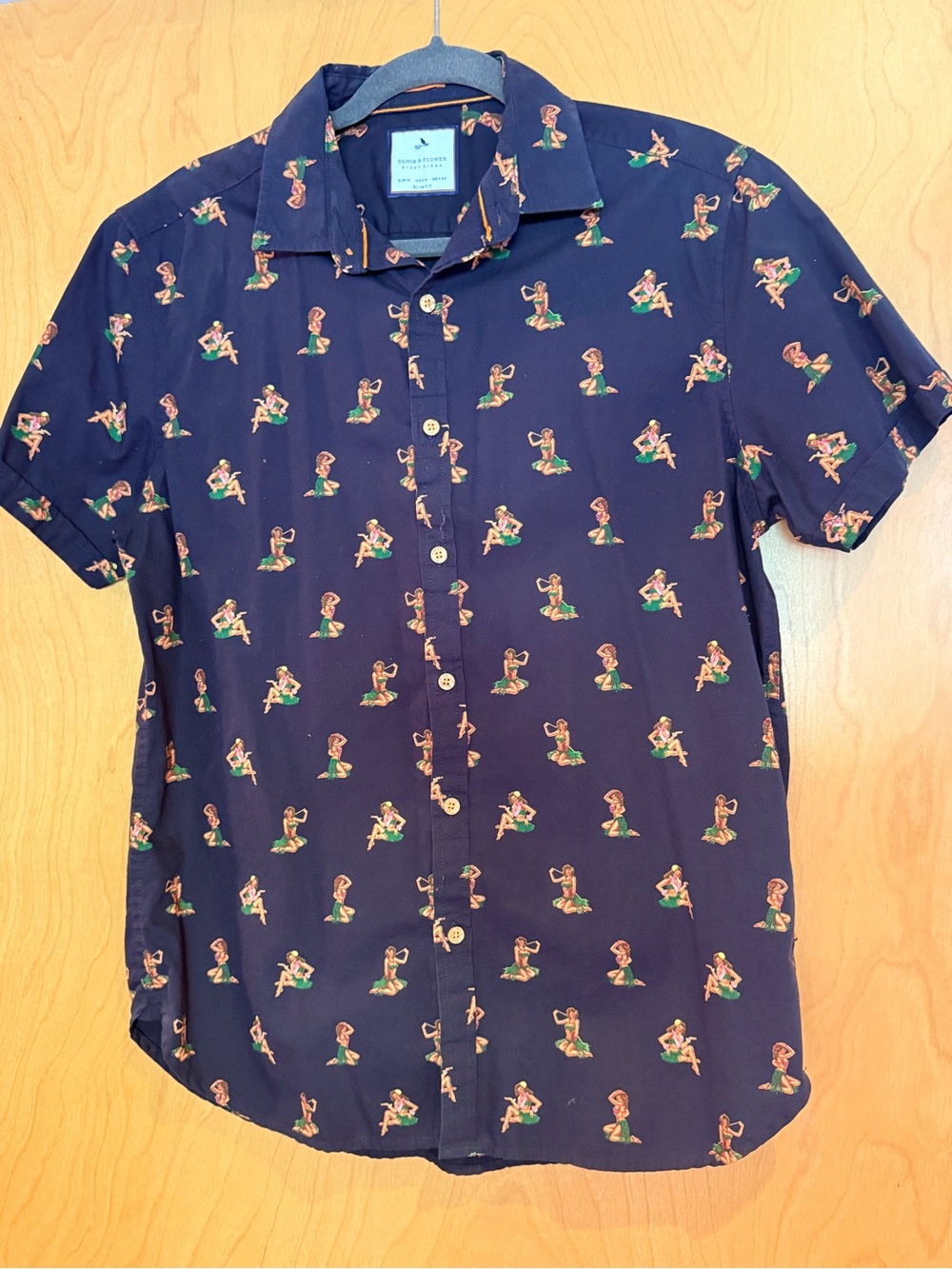 Denim & Flower Navy Short-Sleeve Button-Up with Multicolor Hula Girl Print